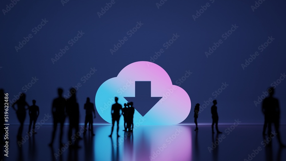 Poster 3d rendering people in front of symbol of cloud download on background
