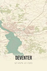 Deventer, Overijssel, Ijsselland region vintage street map. Retro Dutch city plan.