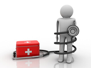 3d rendering First aid kit with stethoscope near man