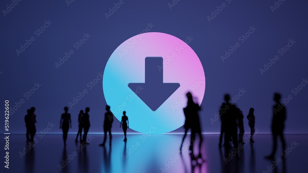 Poster 3d rendering people in front of symbol of down arrow in circle on background