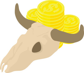 Wildwest symbol icon isometric vector. Buffalo skull and stack of gold coin icon. Wild west, western