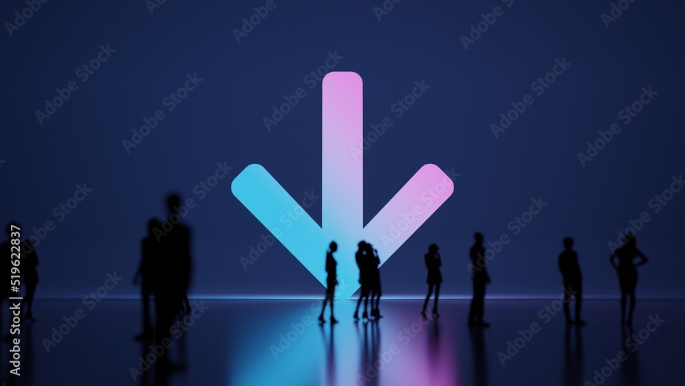 Poster 3d rendering people in front of symbol of arrow down on background