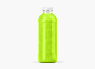 Plastic bottle of green smoothies, packaging mockup. Spinach, kiwi or celery shake in clear container. Detox cocktail for healthy dieting. Fruit and vegetable drink isolated on background, 3d render