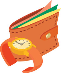 Vacation preparation icon isometric vector. Modern men leather wallet, wristwatch. Summer rest, travel