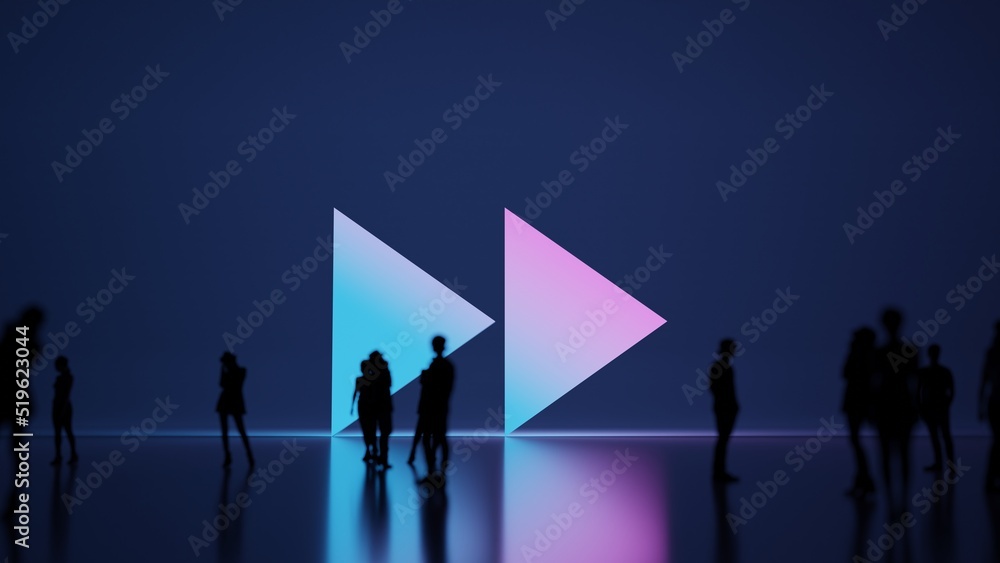 Poster 3d rendering people in front of symbol of double right arrows on background