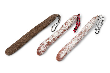 Variation of three traditional Catalan sausage, called fuet isolated on white background