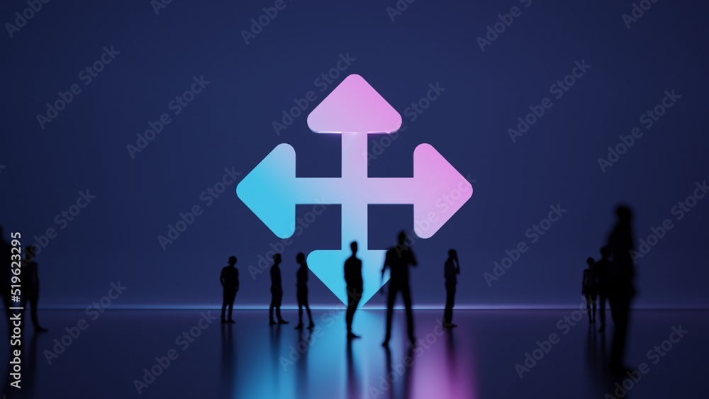Poster 3d rendering people in front of symbol of four direction arrows on background