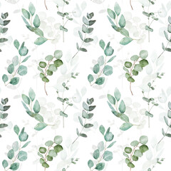 Watercolor eucalyptus seamless pattern,  white background. Plant floral design. Spring botanical print. Nature ornament. Green floral wallpaper. © Victoria Pak