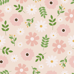 Seamless pattern flowers and leaves vector illustration