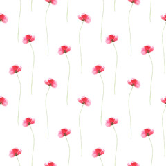 Watercolor poppy seamless pattern on white background. Spring botanical print. Vintage romantic bloom design. Floral ornament