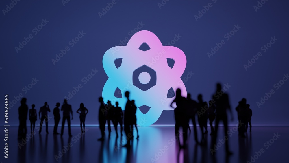 Poster 3d rendering people in front of symbol of atom on background