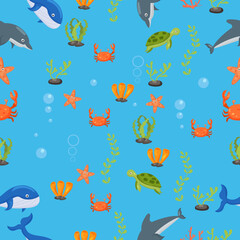 Fototapeta na wymiar Cute dolphin pattern. Funny whale cartoon, seaweed print. Sea wildlife, underwater world vector seamless texture