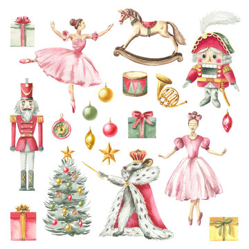 Fototapeta Watercolor Christmas illustration – Nutcracker: Ballerina, soldier, rocking horse, Christmas tree, gifts, mouse king, Christmas toys, retro toys, star, musical trumpet, drum.