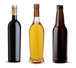 Alcohol bottle vector mockup, whisky, wine, beer glass template set. Brown beer bottle, ale,ipa or stout. Cognac alcohol beverage, spirit drink. Vintage red wine package illustration