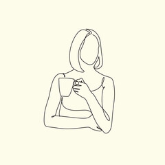 Woman with coffee mug cup line art. Abstract girl with cup minimal logo. Cafe logo. Woman with tea mug	