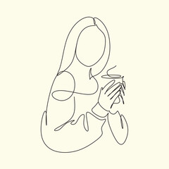 Woman with coffee mug cup line art. Abstract girl with cup minimal logo. Cafe logo. Woman with tea mug	