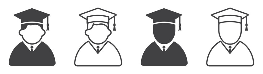 Set of students icons. Graduate icon, graduated student symbol. Graduate student boy in square hat or graduation academic wear. Vector illustration.