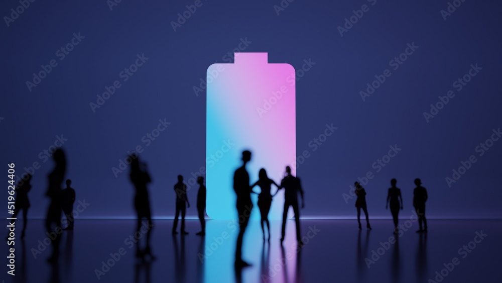 Poster 3d rendering people in front of vertical symbol of full battery on background