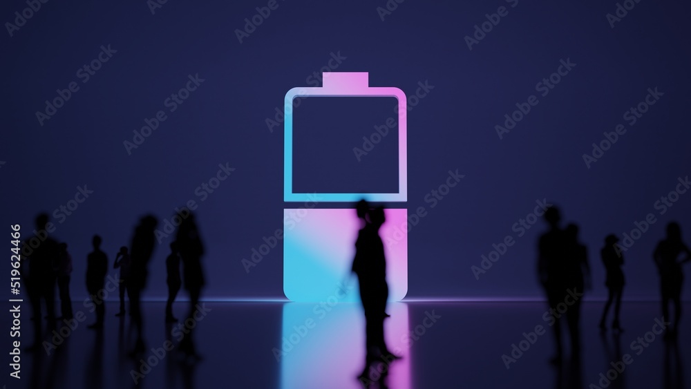 Poster 3d rendering people in front of vertical symbol of half charged battery on background