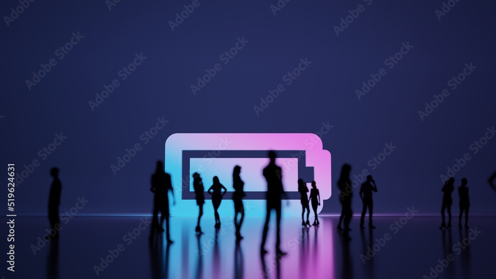 Poster 3d rendering people in front of horizontal symbol of battery full on background