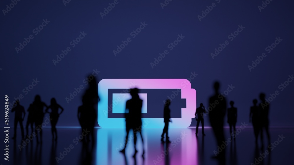Poster 3d rendering people in front of horizontal symbol of battery half on background