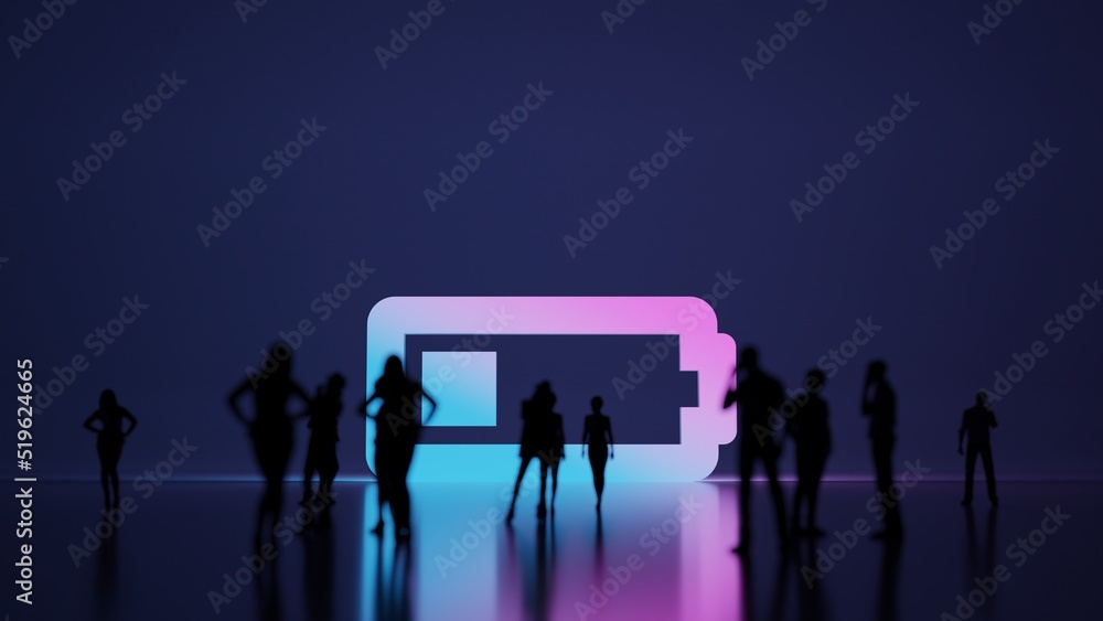 Poster 3d rendering people in front of horizontal symbol of battery quarter on background