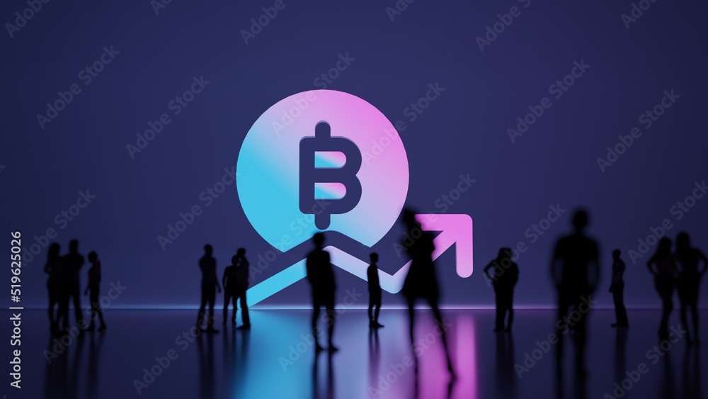 Poster 3d rendering people in front of symbol of bitcoin trend on background