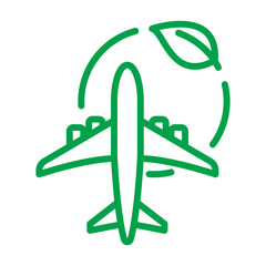 Electric plane line icon. Airplane in green circle with a leaf. Aircraft powered by electricity. Green aviation concept Vector illustration.