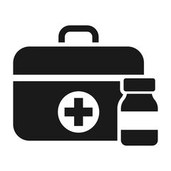 First aid kit and pill icon. Healthcare concept. Medical help. Emergency doctor vector illustration.