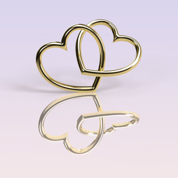 Two Interlocking Gold Heart Rings 3D Render, on an Iridescent background
