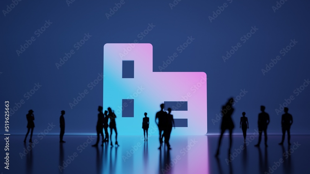 Poster 3d rendering people in front of symbol of building on background
