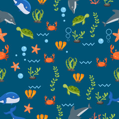 Cute dolphin pattern. Funny whale cartoon, seaweed print. Sea wildlife, underwater world vector seamless texture