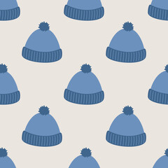 Seamless vector knitted winter hat pattern. Stylish hat fashion garment background for fabric, textile, cover etc.