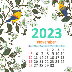 floral calendar 2023, november. colorful blooming frame with cou