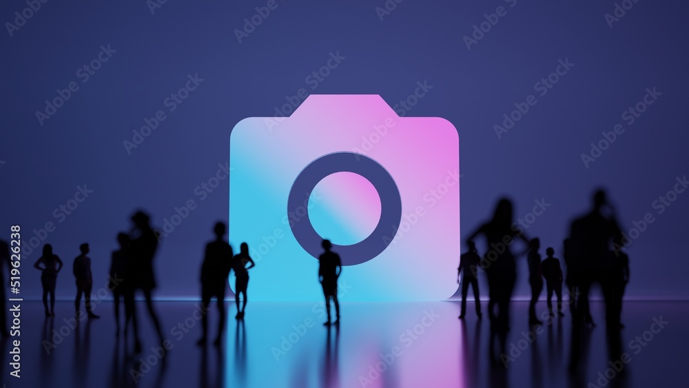 Poster 3d rendering people in front of symbol of camera on background