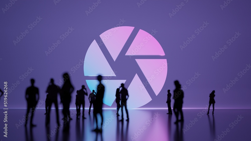Poster 3d rendering people in front of symbol of camera aperture on background