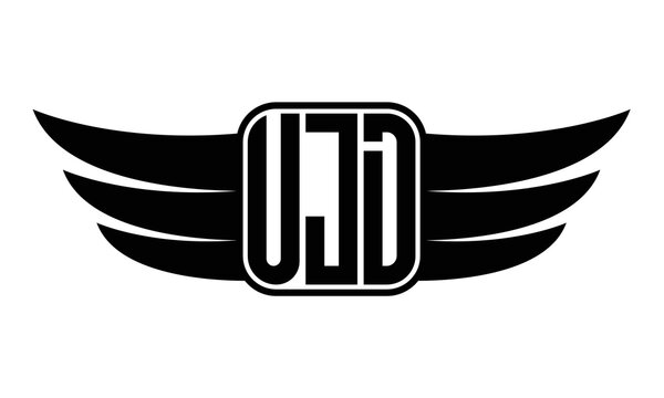 UJD three Letter wing minimalist creative concept icon eagle symbol professional black and white logo design, Vector template