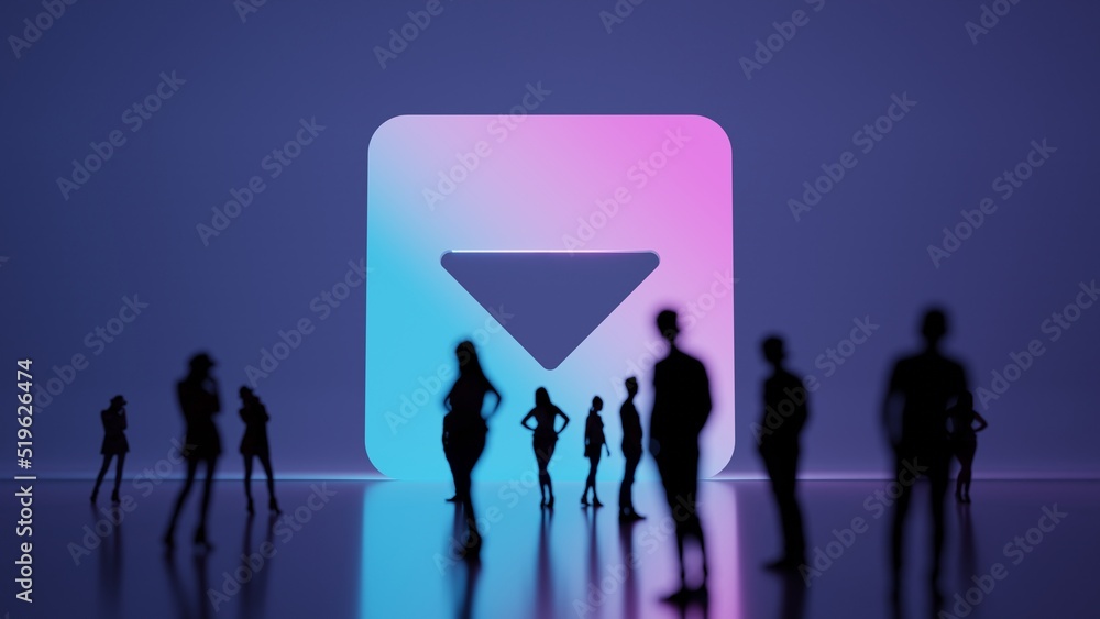Poster 3d rendering people in front of symbol of caret square down on background