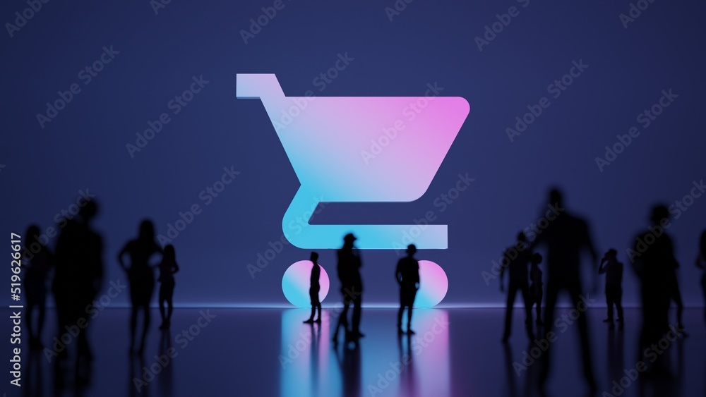 Poster 3d rendering people in front of symbol of cart on background