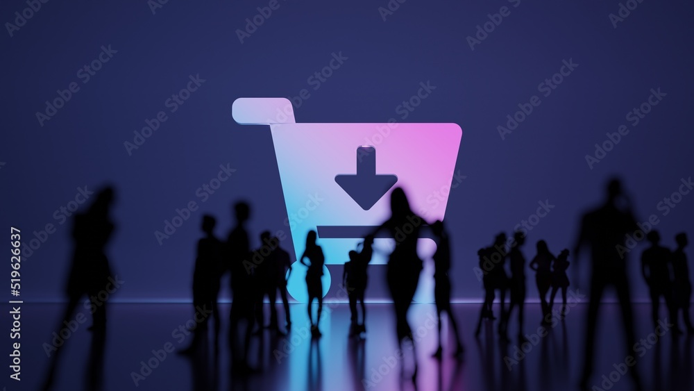 Poster 3d rendering people in front of symbol of cart arrow down on background