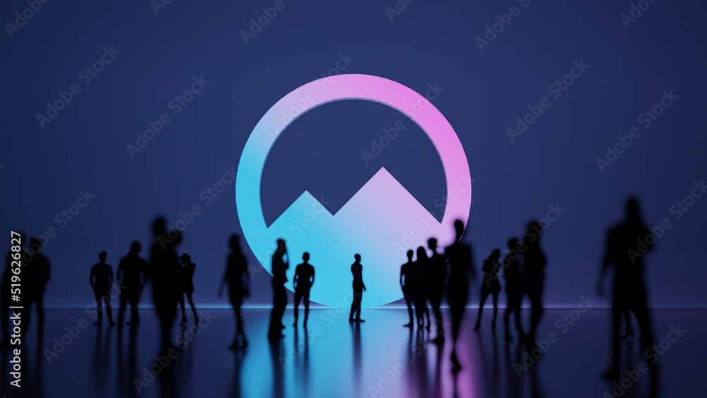 Poster 3d rendering people in front of symbol of circle mountain on background