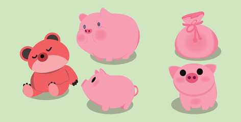 Cute pig Vector, pig saving money Cartoon, Cartoon happy pig isolated on white background