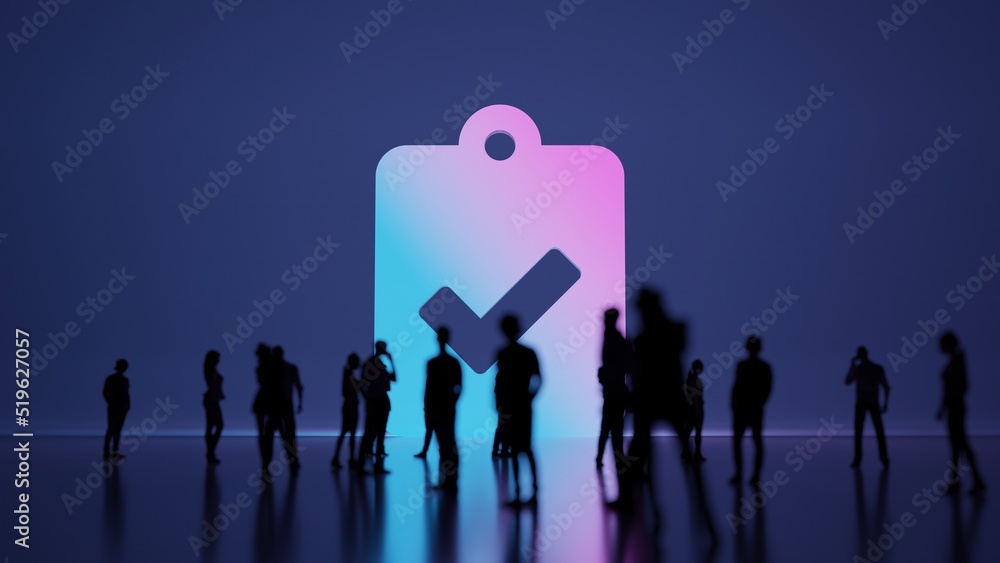 Poster 3d rendering people in front of symbol of clipboard check on background