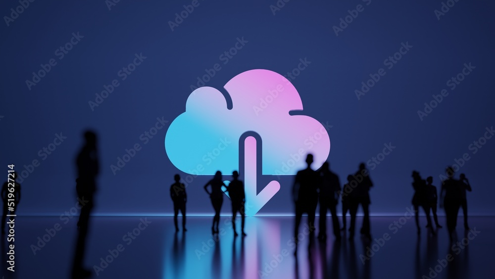 Poster 3d rendering people in front of symbol of download from cloud on background