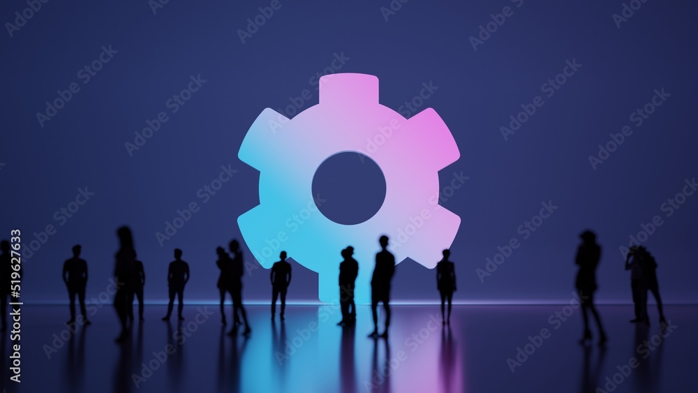 Poster 3d rendering people in front of symbol of cogwheel on background