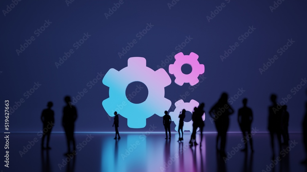 Poster 3d rendering people in front of symbol of cogwheels on background