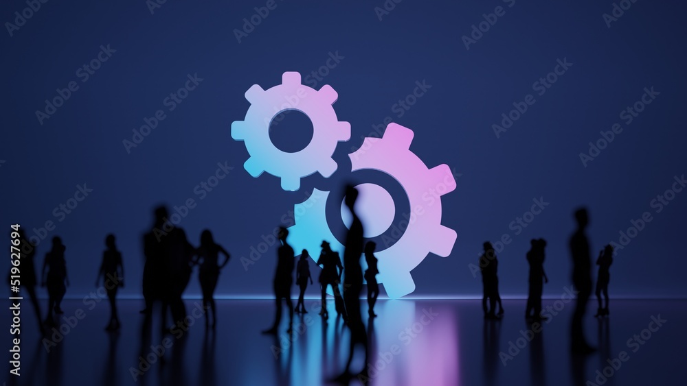 Poster 3d rendering people in front of symbol of cogwheel on background