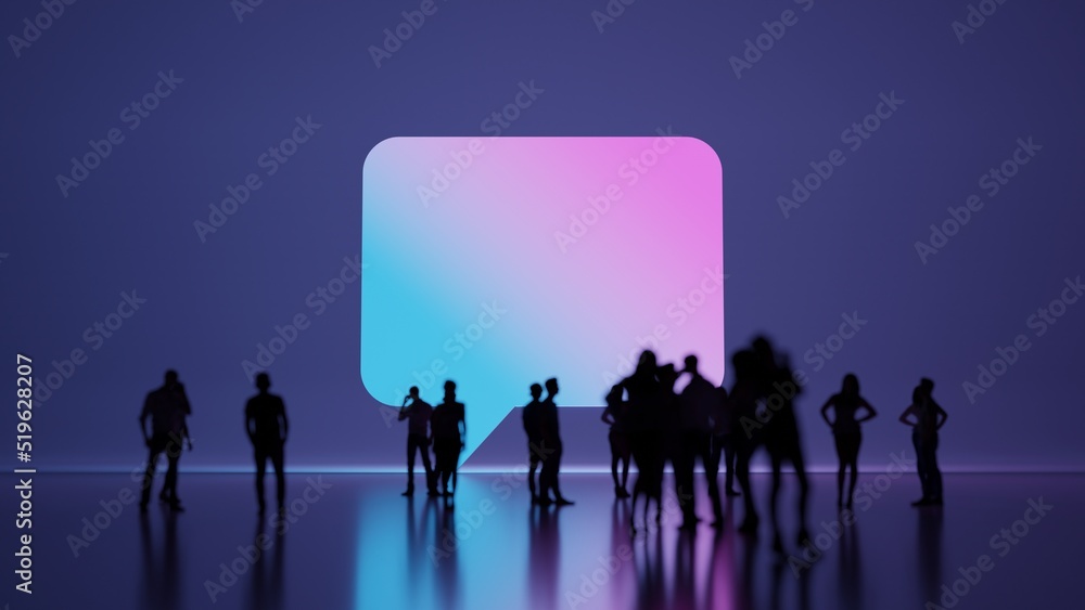 Poster 3d rendering people in front of symbol of rounded chat bubble on background