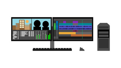 Video editing studio with two screens on dual-monitor arm. Powerful computer with keyboard and mouse.. Software with preview windows, timeline, bins, audio mixer and waveforms. Vector illustration.