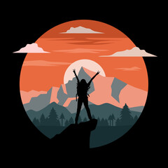 Silhouette of happy girl standing on rock peak looking at beautiful mountain during sunset. Hiking and tourism. Vector illustration.